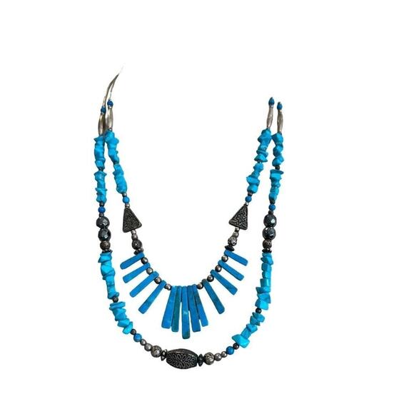 Vintage Silver and Turquoise Double Strand Beaded Necklace - Picture 1 of 10